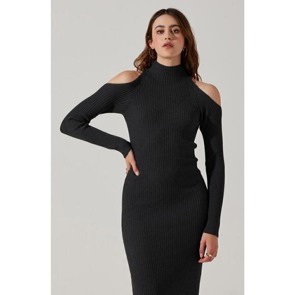 ASTR Sweater Dress Cold Shoulder Ribbed Mock Neck Midi Charcoal Gray NWT Large - Picture 1 of 10